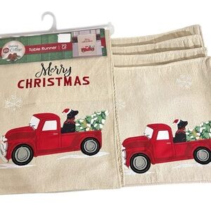 72 Inch Table Runner + 4 Placemat Set Red Truck Black Lab Dog Christmas